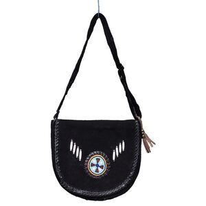 Native American Style Suede Purse Handbag Black W/Blue Beads & Braided